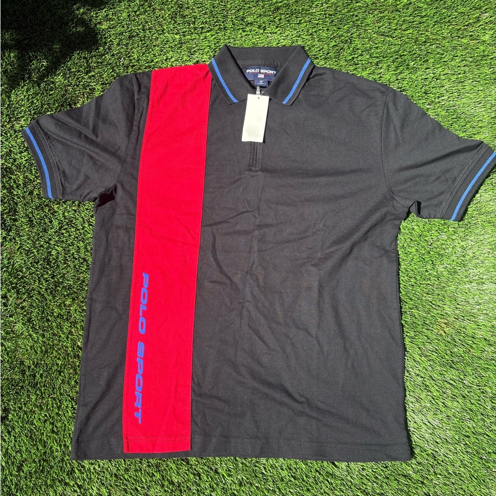 Polo by Ralph Lauren Black Polo with Red Vertical Stripe and Blue Trim